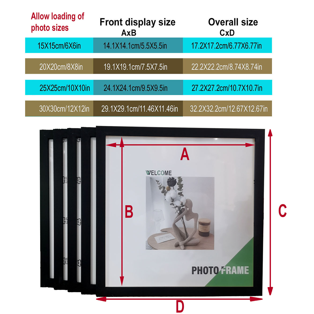 5pc fyrkantiga fotoramar, set med  - 15/20/25/30cm träväggar och bordsdekorationer, minnesdekorationer för bröllop/tavelvägg, (4 storlekar