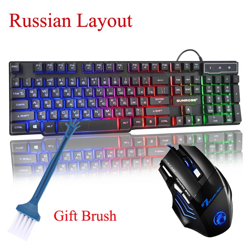 Russian/English Keyboard Backlit Rainbow Keyboard Mouse Sets Office Electronics Wired USB Keyboard Mice for Computer Components: KT201X7 RU