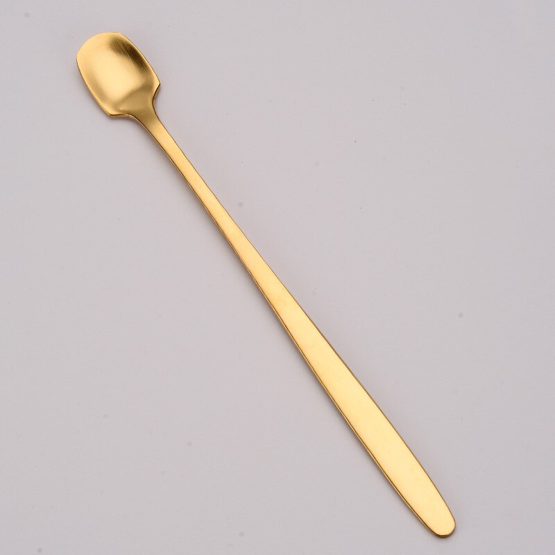 Retro bar kaffeske runde skeer guld rustfrit stål ske lang håndtag firkantet hoved ske køkken dec: Sølv / 13.4cm