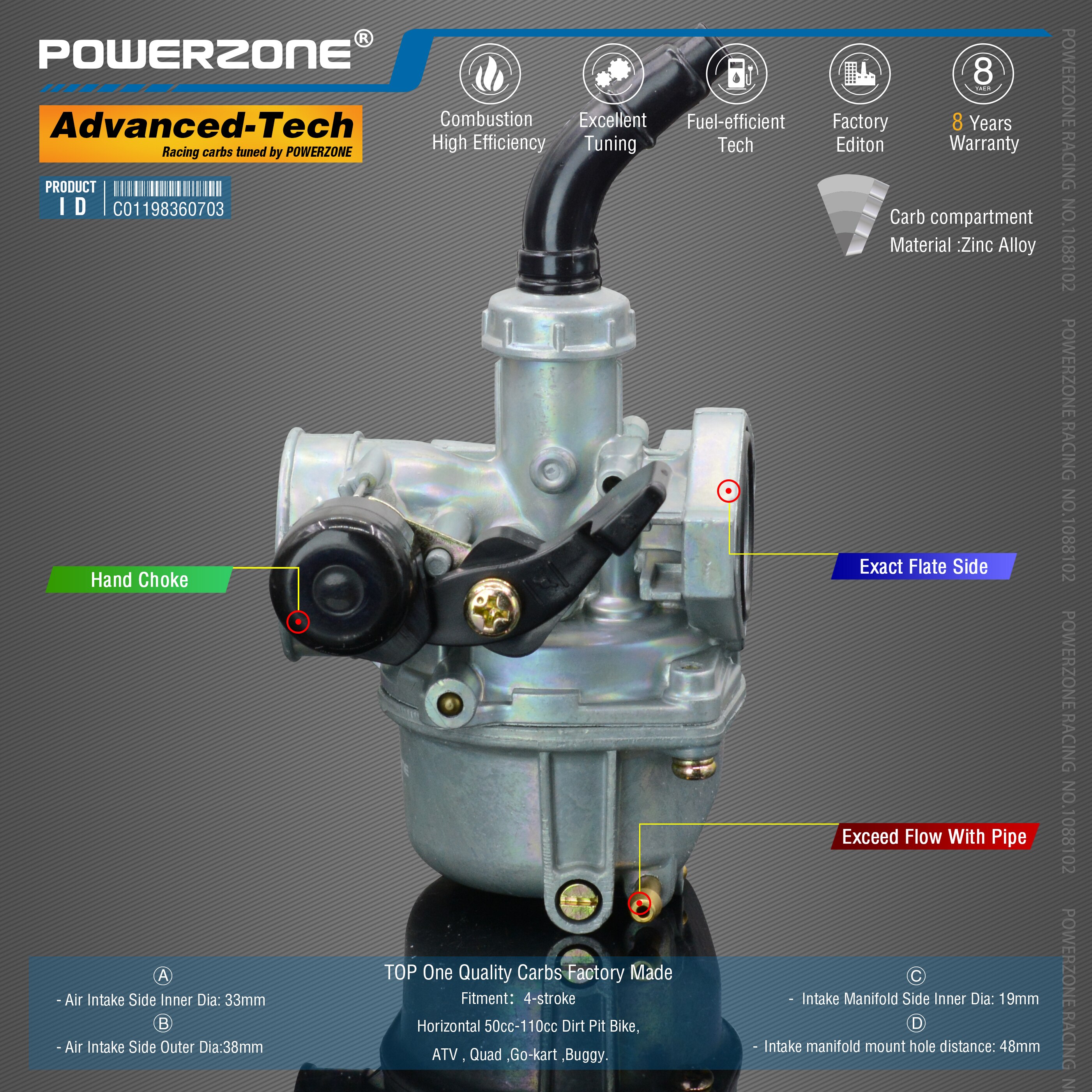 Powerzone Carburateur PZ19 19mm CVK Accelerator Pomp Carb Voor Horizontale 50cc-110cc Dirt Pit Bike, ATV, Quad, go-kart, Buggy