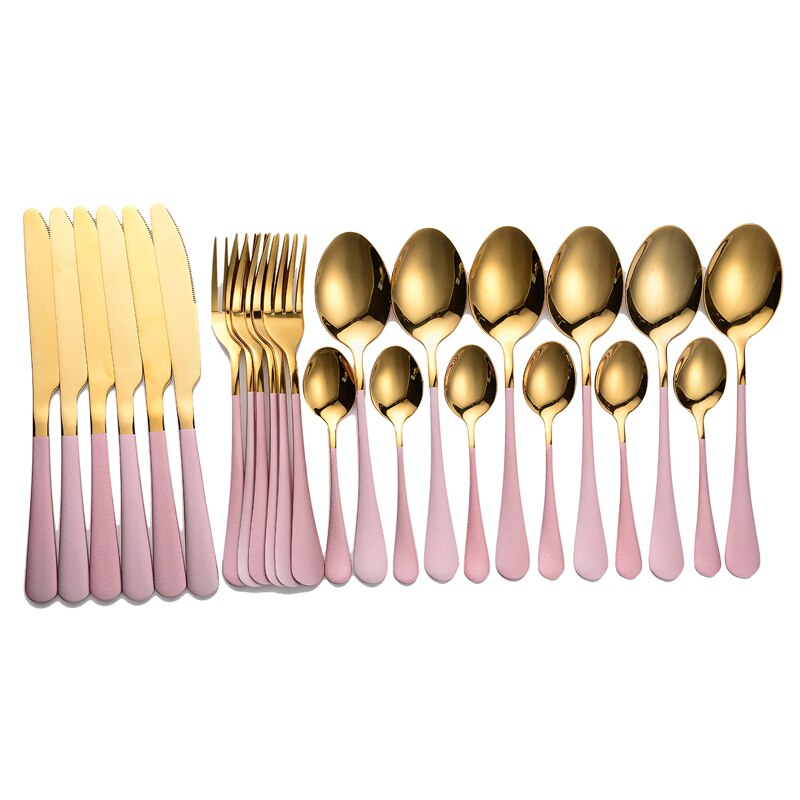 Tablewellware Servies Zwarte Bestek Set 24 Pcs Roestvrij Staal Bestek Doos Vorken Messen Lepels Diner Set Keuken Lepel Set: pink gold 6 sets