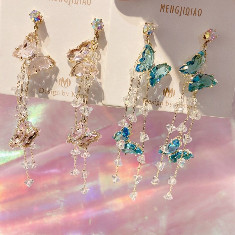 MENGJIQIAO Korean Colorful Crystal Butterfly Earrings For Women Girls Tassel Long Pendientes Party Jewelry