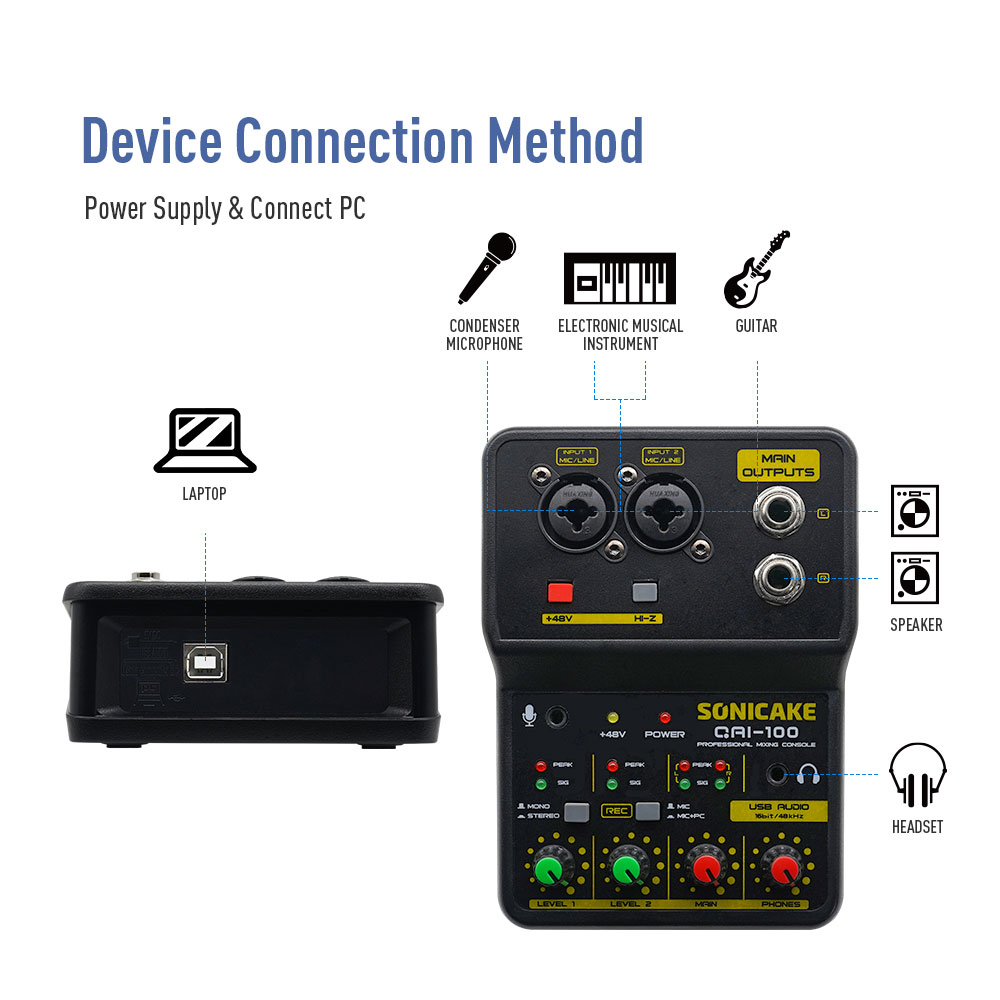 SONICAKE 2-Channel Mini Audio Mixer with Sound Card DJ Studio Music Recording Home Karaoke PC Compatible Mixing Console QAI-100