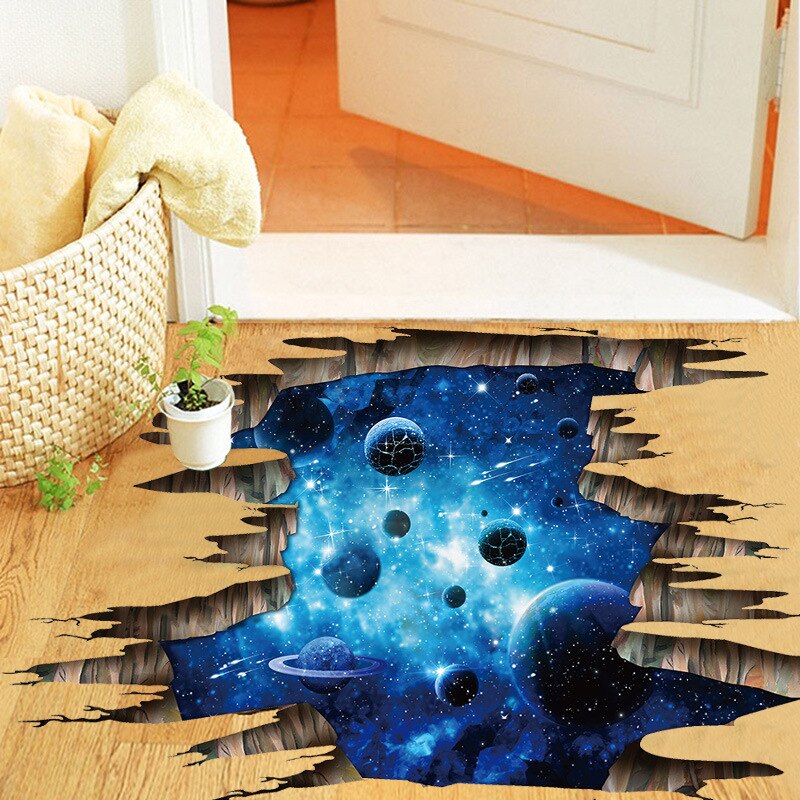 Creatieve 3D donkerblauw galaxy planeet Floor/muurstickers woonkamer decoratie decals home decor landschap Gebroken muursticker