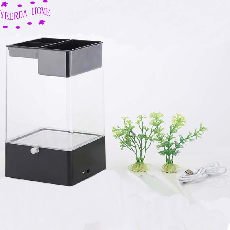 Multicolour Fish tank met LED light + USB Mini Kleine acryl plastic Aquarium bureau transparante Vis kom Originaliteit: Black