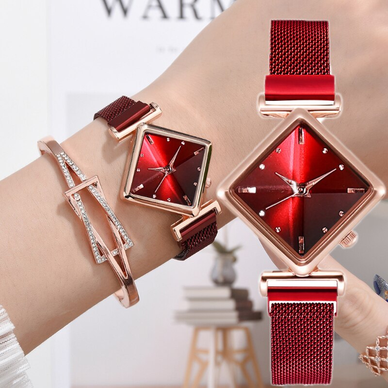 Dame ure sæt firkantet dame quartz ur armbånd sæt rød sort skive enkel rosa guld mesh luksus dame ure