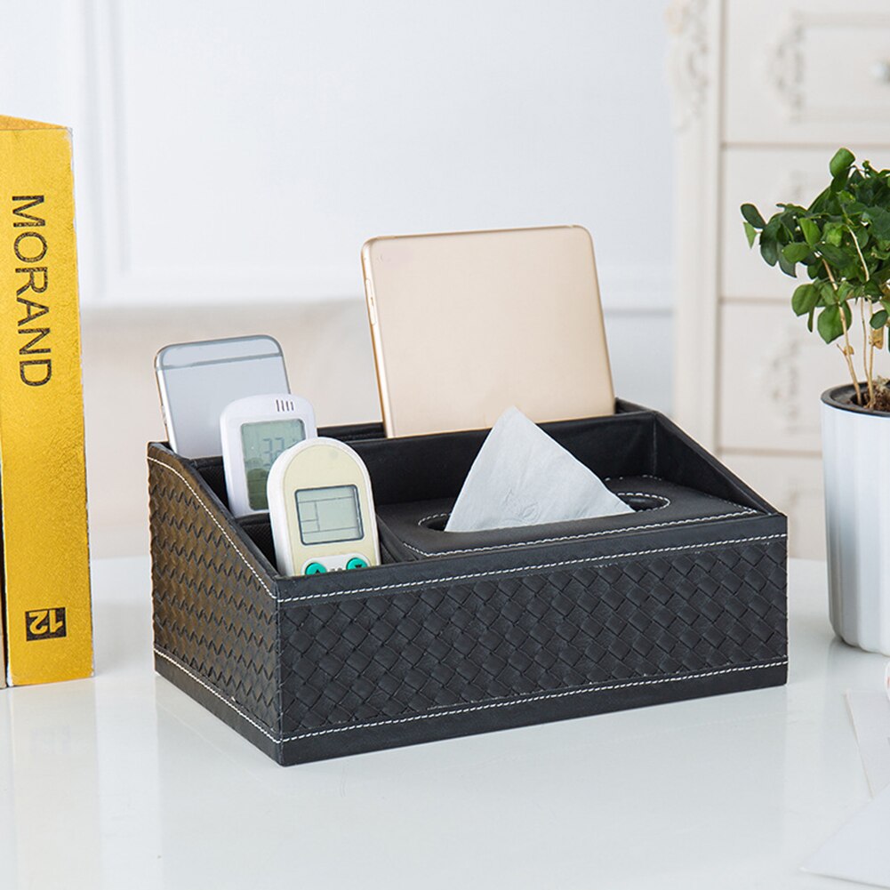 Partitioned Faux Leather Tissue Box Home Desk Table Remote Control Phone Tissue Paper Napkin Storage Box Holder Organizer