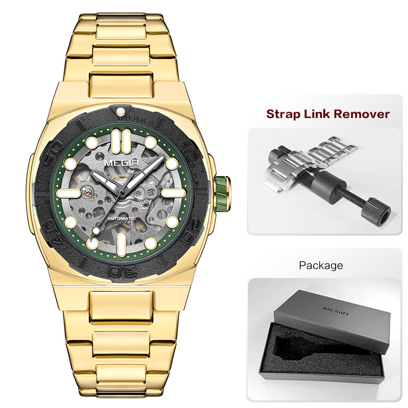 MEGIR Heren Automatisch Mechanisch Horloge - Skeleton Wijzerplaat, Roestvrij Staal Band, 3Bar Waterdicht: Rood