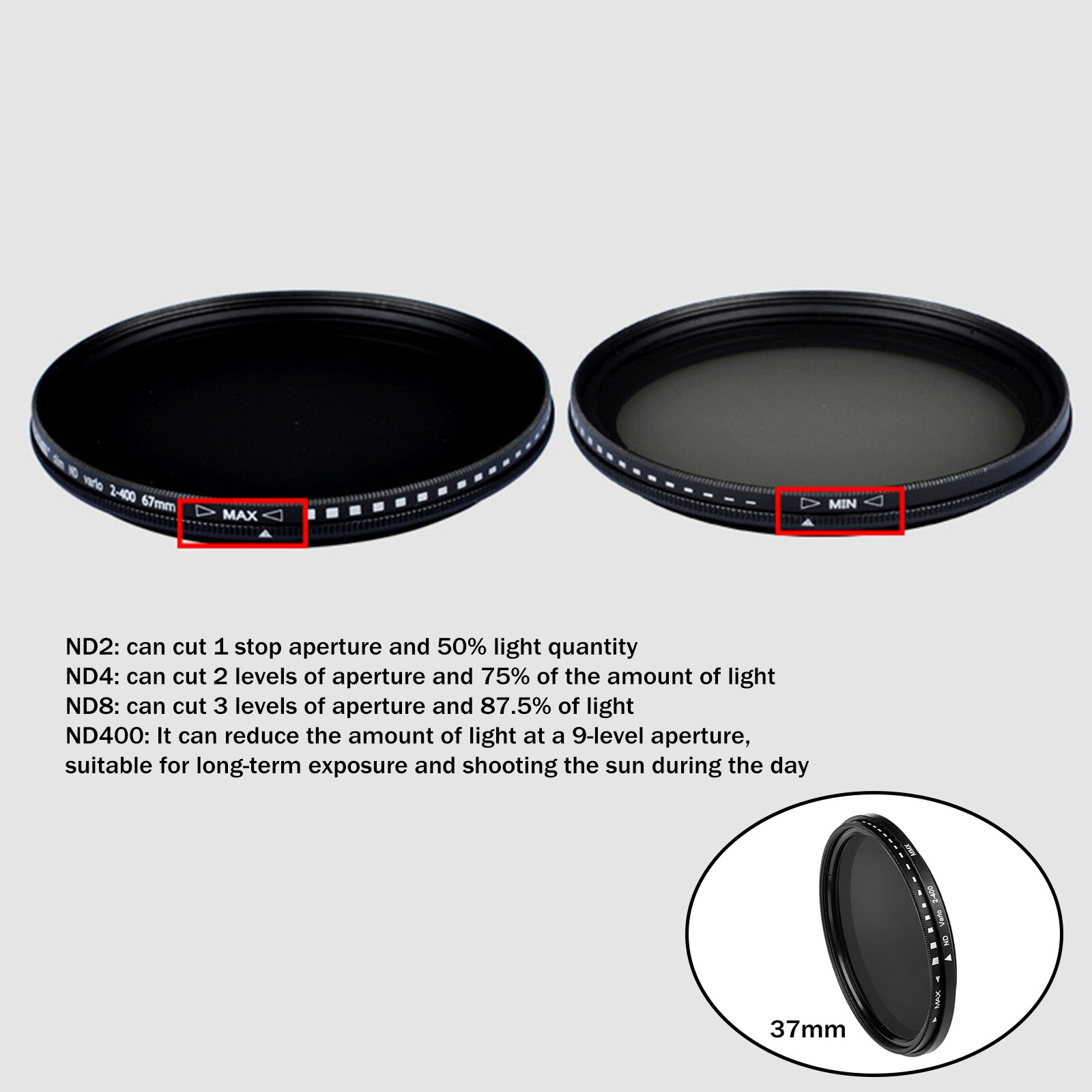 ND2-400 Neutral Density Fader Variable Adjustable ND Filter Optical Glass Lens Filter 37-82mm for Nikon Canon Astronomical Acces