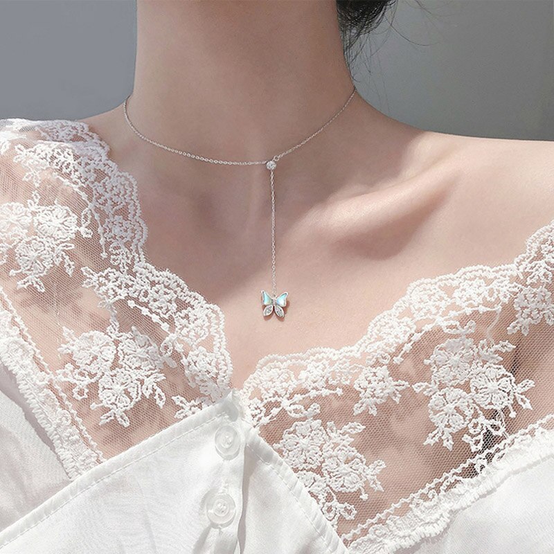 Anenjery delicate natuurlijke schelp vlinder ketting voor vrouwen kwast ketting hanger sleutelbeen ketting verstelbaar s -n655