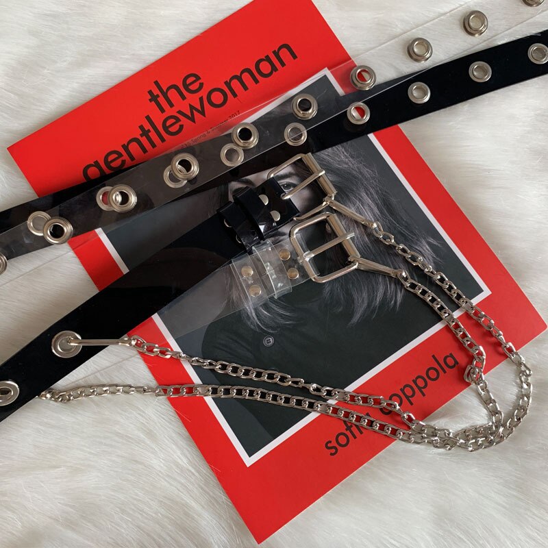 Punk pvc dam bälten silver fyrkantigt spänne med kedja genomskinlig midjerem jeans byxor casual svart dam kvinnlig midjeband