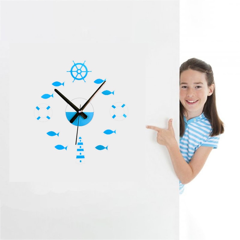 1Pcs 3D Wall Clock Acrylic DIY Clock Mediterranean Style Tower Rudder Lifebuoy Small Fish Clock Wall Clock