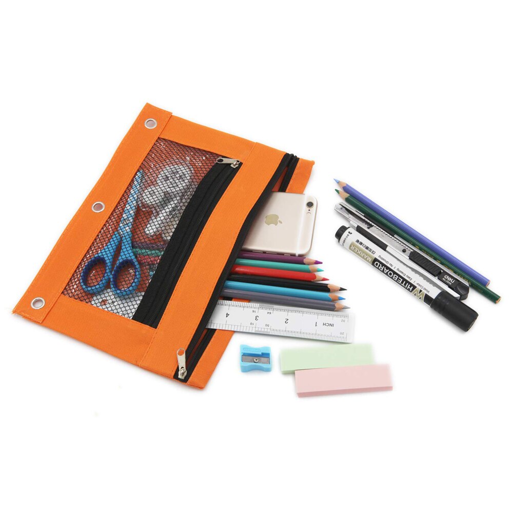 Bolsa de lápices con cremallera de doble bolsillo, Color aleatorio, con ojal, 2 compartimentos, orificios surtidos y bolsillo de malla de visión rápida para la escuela, 1 ud.