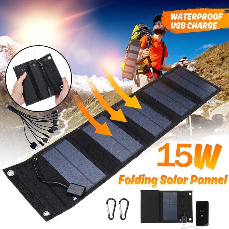 15W USB Solar Panel Folding Power Bank Outdoor Hiking Battery Charger Portable USB Energy Solar Cell Charger for Camping