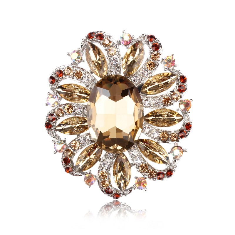 Fabriek Directe Verkoop Klassieke Kristallen Steentjes en Grote Ovale Acryl Bloem Broche Pins voor Vrouwen in Diverse Kleuren: coffee silver
