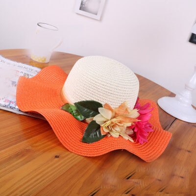 Sombrero de paja con flores para madre e hija, sombrero flexible de ala ancha para playa, verano,: Orange