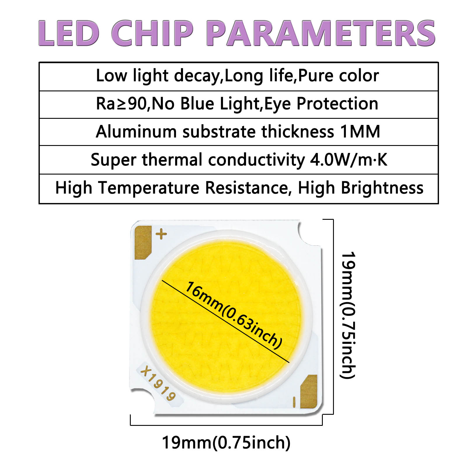 12W 18W 24W 30W 36W 42W DC36-39V Chip Bridgelux LED COB diodo emisor de luz 19*19mm LED DIY accesorios de fuente de luz de pista LED