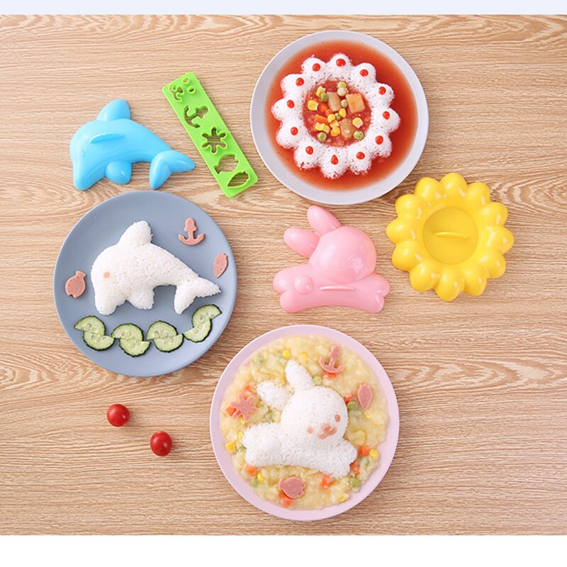 4 Stks/set Bento Rice Mold Keuken Diy Set Kids Cartoon Keuken Accessoires Tool Konijn Dolfijn Sushi Maken Kit Maker Onigiri
