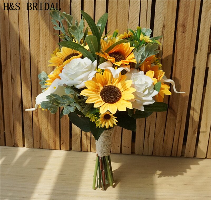 H&amp;S BRIDAL Sunflower Wedding bouquet Calla Lily Sun Flower Bridal Bouquets Yellow Bridesmaid bouquets Artificial Wedding Flower