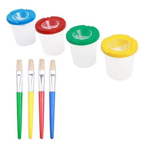 Verf Penselenbakje 8 Stks/set Water Lekvrije Cup Diy Kinderen Schrijven Tekening Borstel Schilderen Pennen Kantoor Schoolbenodigdheden: 4 Cups 4 Flat Pen