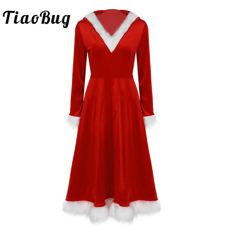 TiaoBug Vrouwen Rode Kerst Kostuum Vrouwelijke Zachte Fluwelen Lange Mouw Kap Jurk Xmas Kerstman Familie Cosplay Party Dress