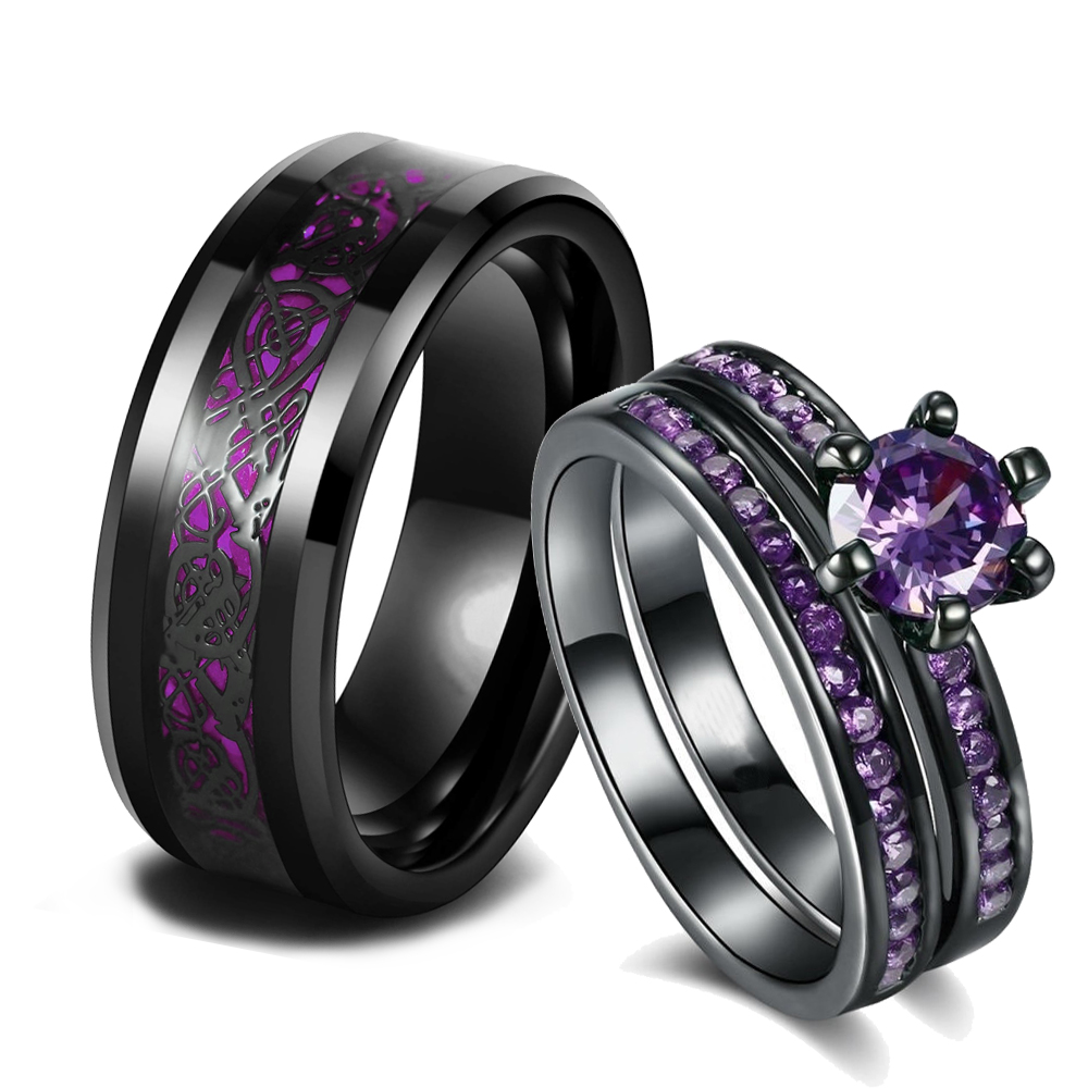 Anillos de pareja con dijes, conjunto de anillos románticos con diamantes de imitación morados para mujer, anillo de dragón celta de acero inoxidable a la para hombre, joyería de