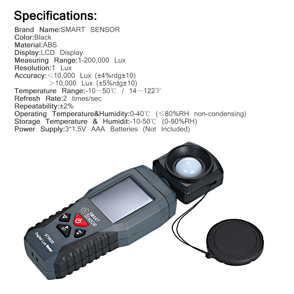 SMART SENSOR Digital Luxmeter LCD Display Handheld Illuminometer Luminometer Photometer Luxmeter Light Meter 1-200000 Lux ST9620