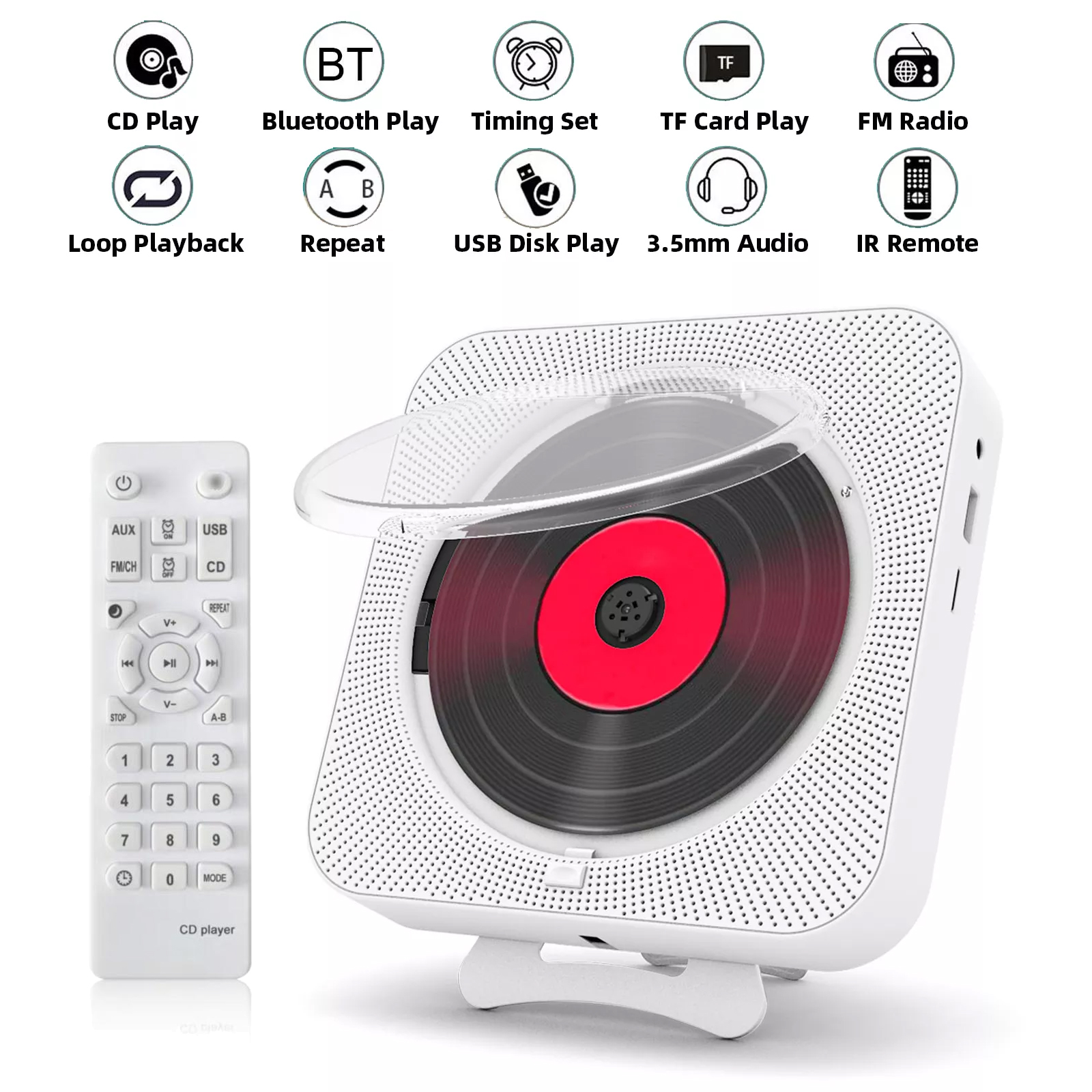 Cd player para parede com controle remoto, tocador de cd portátil, bluetooth, estéreo, cd, player de música, tela led, ir, rádio fm