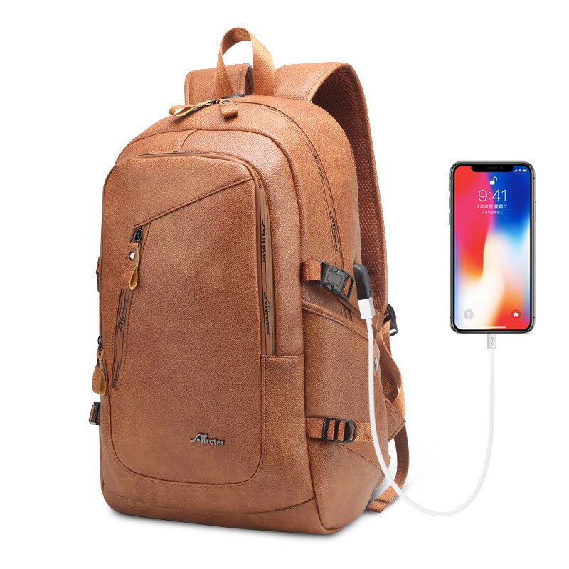 Laptop Backpack Large Men's Leather Backpack PU Waterproof Travel Business Backpack USB Charger Backpack Men's 15.6 Inch Men 002: Brownish