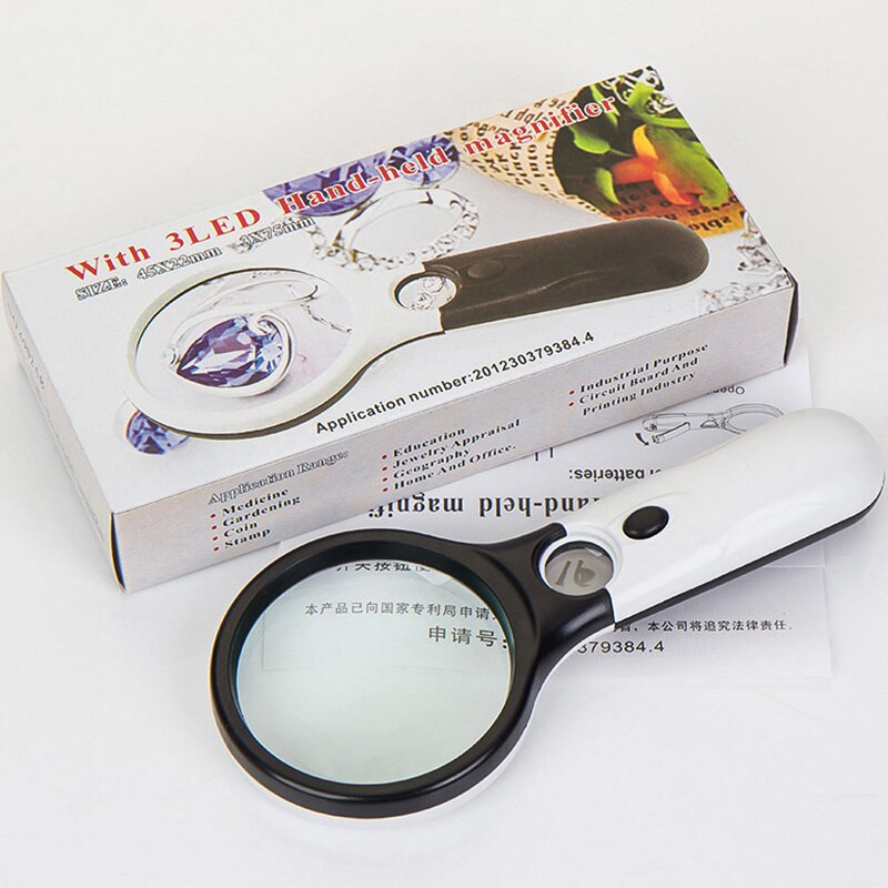 3X 45X Illuminated Magnifier Handheld Reading Magnifying Glass Loupe Magnifier Duel Lens With 3 LED Light Jewelry Repair Tool