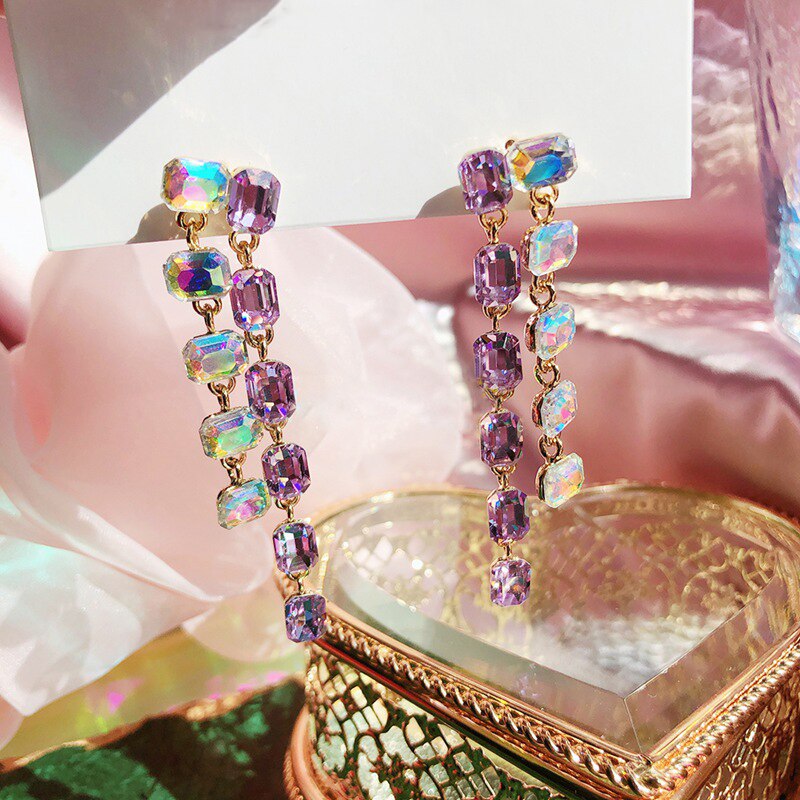 MENGJIQIAO Korean TV Star Purple Sqaure Crystal Tassel Earrings For Women Boucle doreille Jewelry