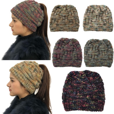 Vinter kvinner hatt damer jente tøye ut strikk hatmessy bolle hestehale lue holey varme hattemaker caps til kvinner