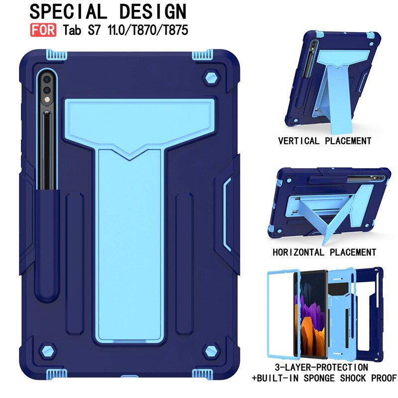 For Samsung Galaxy Tab S7 S 7 T870 T875 11 inch Case Kids Safe Hybrid Stand Full Body Silicon Hard Plastic Kickstand Cover Funda: Blue Blue