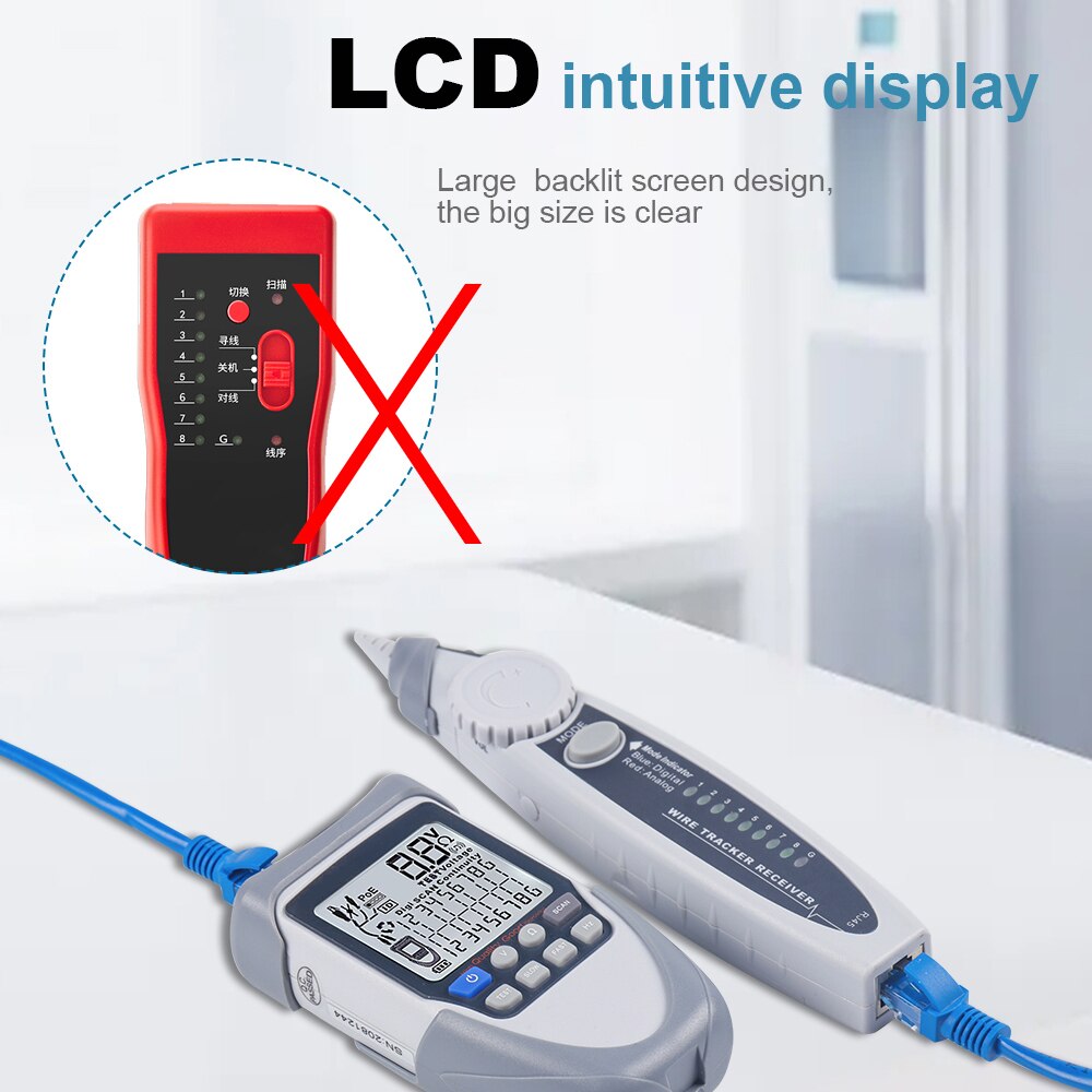 Network Cable Tester LCD Screen Display Digital Wire Trackers Continuity Battery Voltage Polarity Checking POE Test Cable Tester