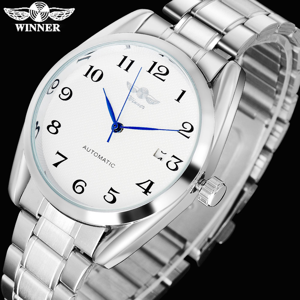 Winnaar Beroemde Mannen Mode Automatische Zelf Wind Horloges Witte Wijzerplaat Transparant Glas Silver Case Roestvrij Stalen Band