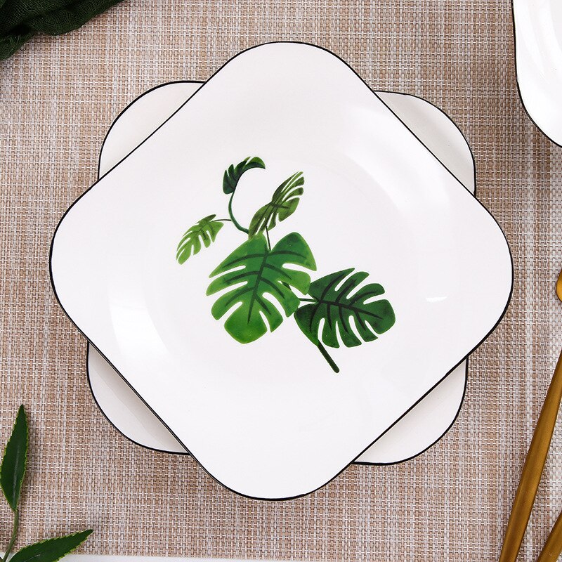 Vierkant porseleinen bord, cactus, dessertbord, broodbord, fruitsaladebord, scandinavisch ontbijtbord, botervloot, keukenservies