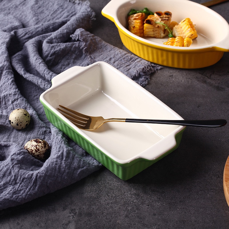 Novelty Ceramic Baking Bowl with Handle Salad Tray Barbecue Cheese Baked Rice Pie Baking Pans Round Rectangular Bakewares