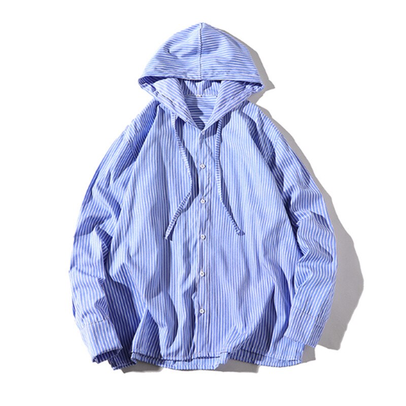 Chemise à capuche en coton pour homme, coupe ample, décontractée, à rayures, avec boutons, protection solaire,