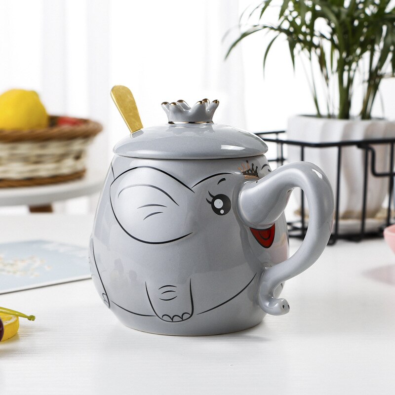 Cartoon Stereo Relief Elephant Ceramic Coffee Mug With Lid Spoon Home Office School Milk Tea Water Mugs Drinkware Cup: 7