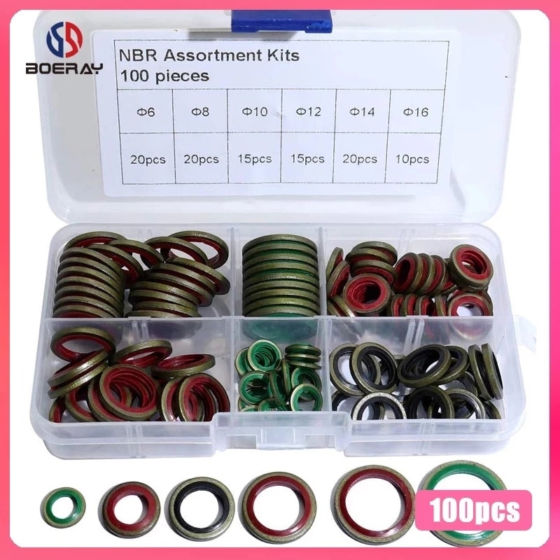 100 stk  m6 m8 m10 m12 m14 m16 højtryks hydraulisk gummi olierør tætning pakning nbr metal tætningsring sortimentssæt