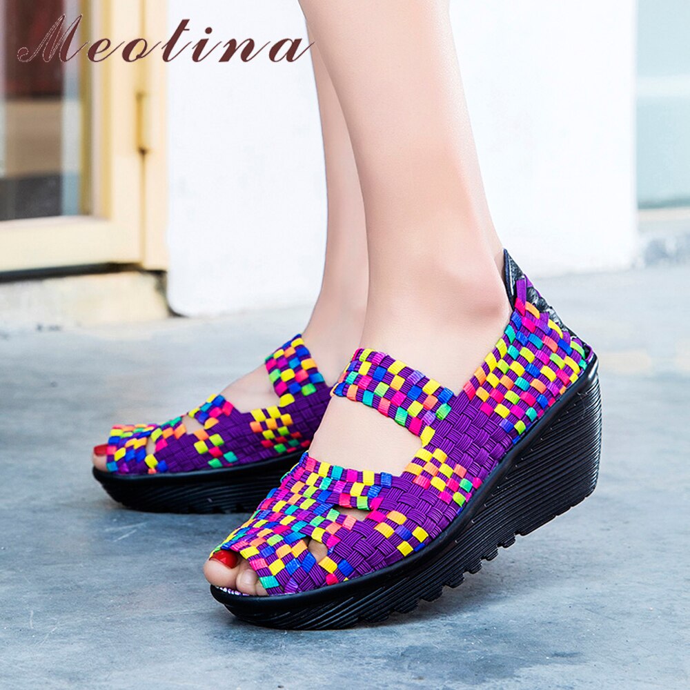 Sandalias de plataforma de Meotina para mujer zapatos tejidos de verano Mary Janes pescador zapatos casuales de cuña de Punta abierta otoño calzado rojo 40