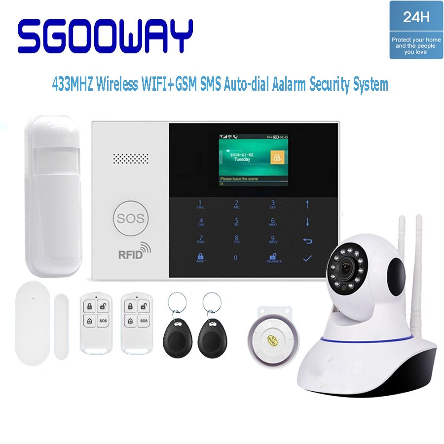 Sgooway factory 433 mhz trådløs wifi & gsm sms auto-dial alarm sikkerhedssystem med lav batteri advarsel