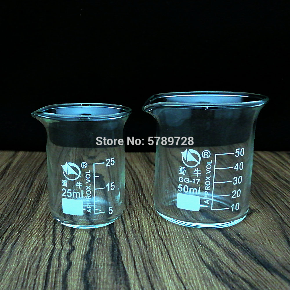 Juego de vasos de vidrio de 25/50ml, vaso de medición de laboratorio de química, borosilicato, Juego de vasos de vidrio para escuela, estudio y laboratorio, 2 uds.