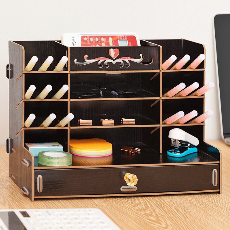 Houten Bureau Organizer Multifunctionele Diy Pen Potlood Houder Doos Desktop Stationaire Home Office Supply Opbergrek: A black