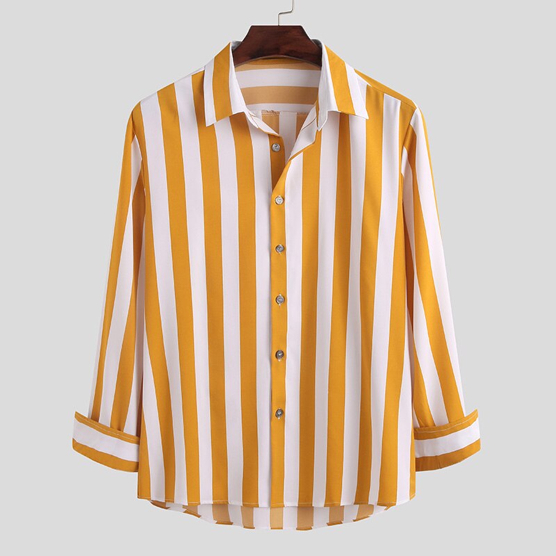 Camisas masculinas moda listrado botão blusa incerun manga longa lapela vestido camisas primavera homem solto casual streetwear S-5XL: Yellow / XL