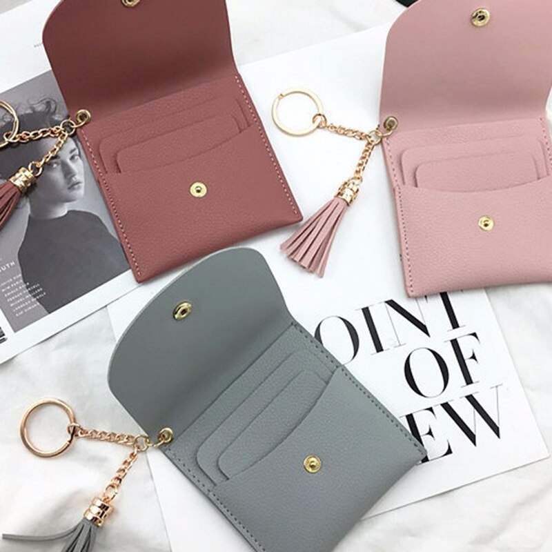 Geldbörsen Frauen Geldbörse Damen Pu Leder Quaste & Metall Ring Kupplung Keychain Dünne Schlüssel Tasche Karte Halfter Mini Beutel