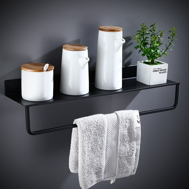 Zwarte Badkamer Planken Keuken Plank Met Haken Wandplank Douche Opbergrek Handdoek Bar Badkamer Accessoires 30-50 Cm lengte