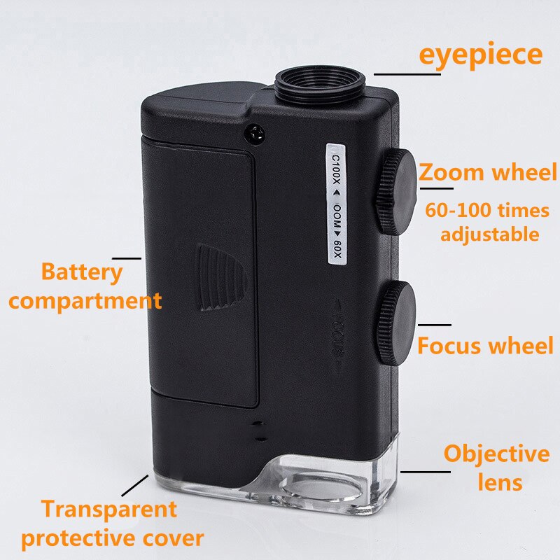 60X-100X Mobile Phone Microscope with Universal Cell Phone Clip Pocket Magnifying Glass LED UV Light f/ Jade Identification