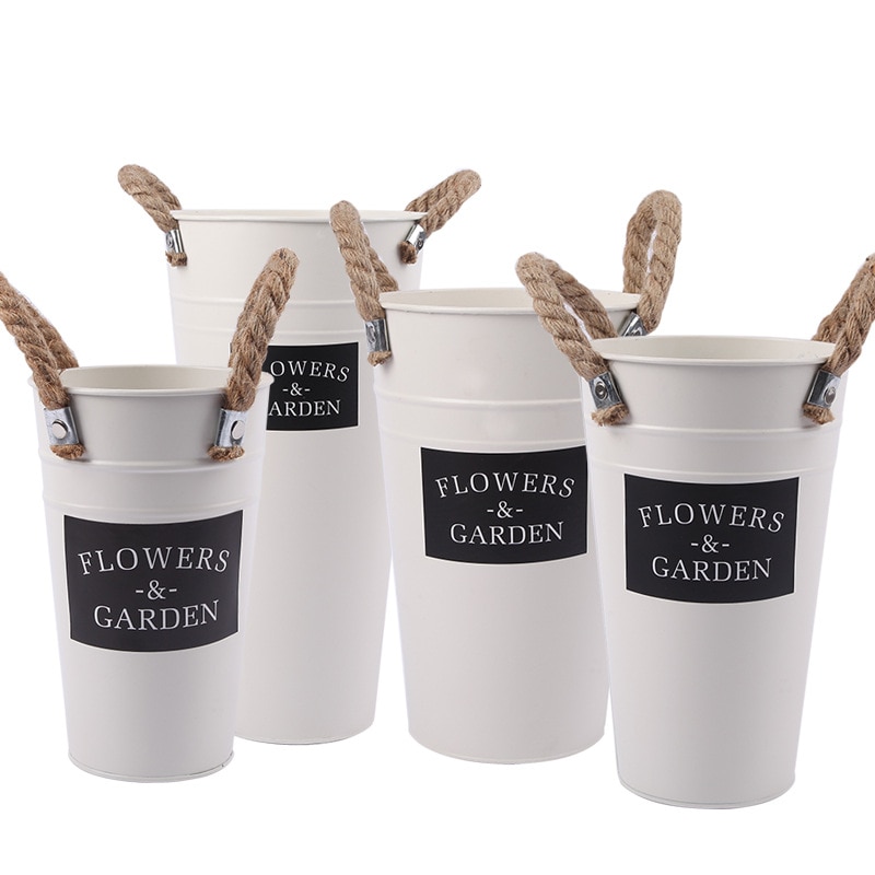 Retro White Flower Bucket Metal Flower Pot Floral Plants Iron Storage Container Garden Home Tabletop Decoration