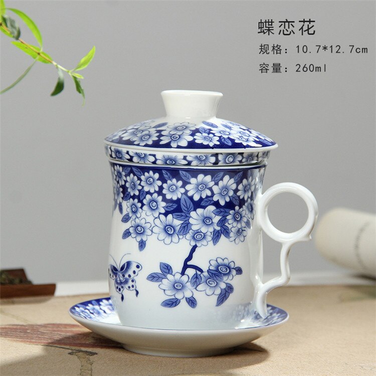 Retro Chinese Blauw Wit Porselein Thee Cup Set Met Schotel Deksel Infuser 260 Ml Keramische Theekopje Met Thee Filter: Butterfly Love